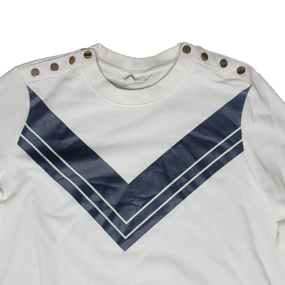 Charter Club Sweatshirt Crew Neck‎ Cream Blue Gold Buttons Stripe Pullover L